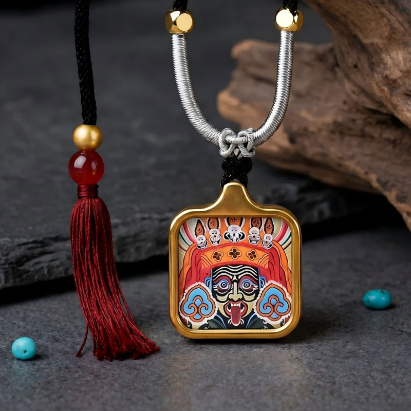 Zakiram Face Art Style Hand-Painted Thangka Pendant | Tibetan Wealth & Protection Goddess Amulet image 6