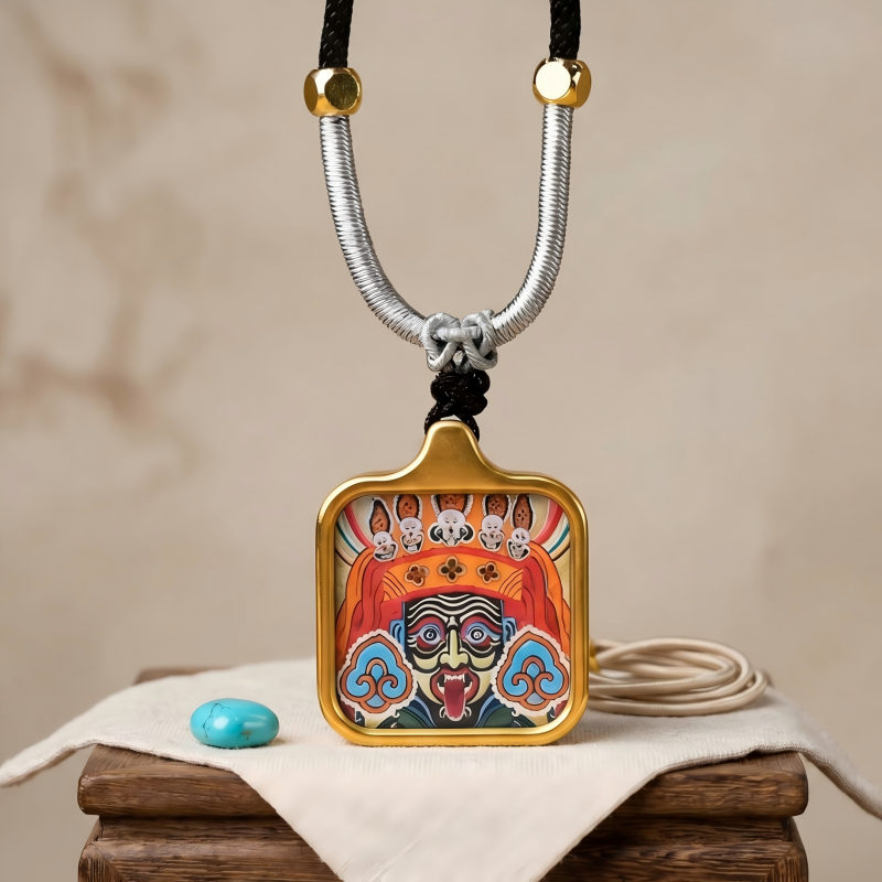 Zakiram Face Art Style Hand-Painted Thangka Pendant | Tibetan Wealth & Protection Goddess Amulet image 7
