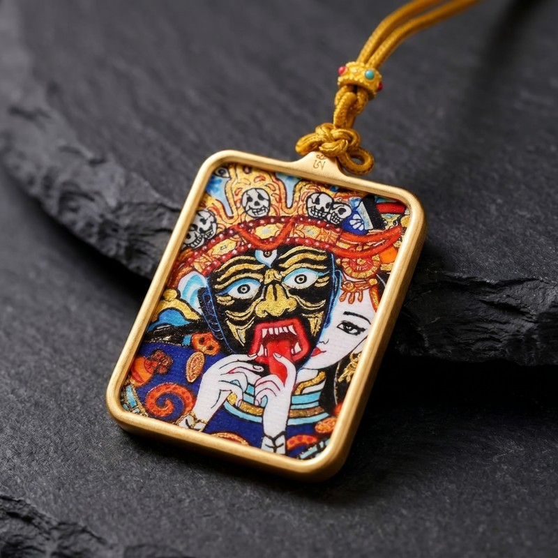 Zakiram (Half-Face Art Style) Hand-Painted Thangka Pendant | Tibetan Wealth & Protection Goddess Amulet
