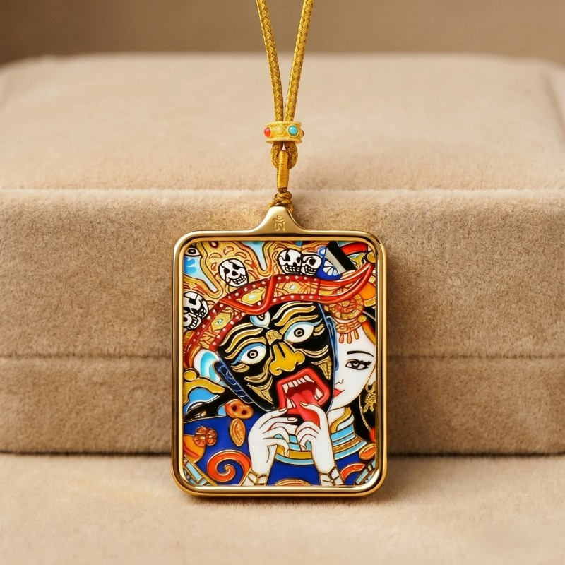 Zakiram (Half-Face Art Style) Hand-Painted Thangka Pendant | Tibetan Wealth & Protection Goddess Amulet image 2
