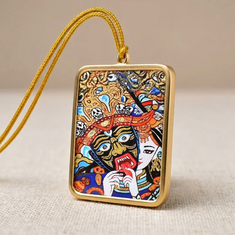 Zakiram (Half-Face Art Style) Hand-Painted Thangka Pendant | Tibetan Wealth & Protection Goddess Amulet image 3