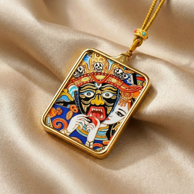 Zakiram (Half-Face Art Style) Hand-Painted Thangka Pendant | Tibetan Wealth & Protection Goddess Amulet image 4