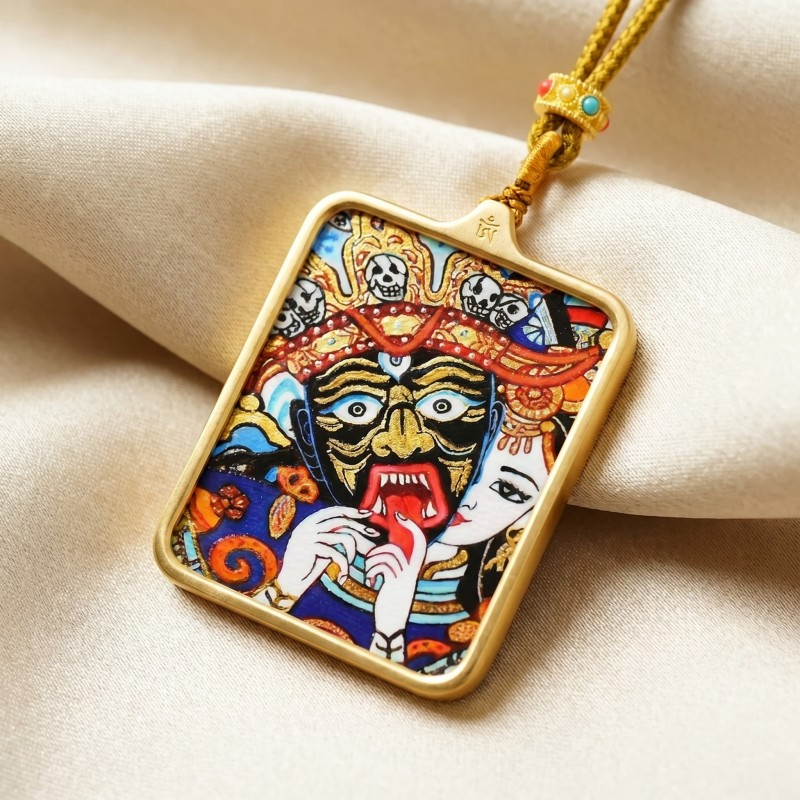 Zakiram (Half-Face Art Style) Hand-Painted Thangka Pendant | Tibetan Wealth & Protection Goddess Amulet image 5