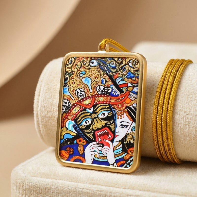 Zakiram (Half-Face Art Style) Hand-Painted Thangka Pendant | Tibetan Wealth & Protection Goddess Amulet image 6