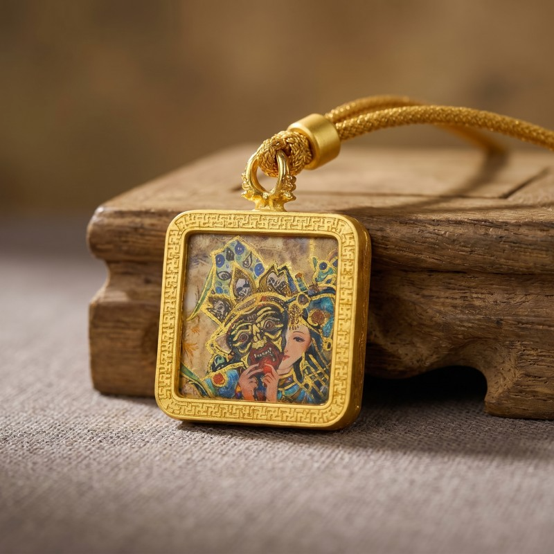 Zakiram Half-Face Art Style Hand-Painted Thangka Pendant | Tibetan Wealth & Protection Goddess Amulet