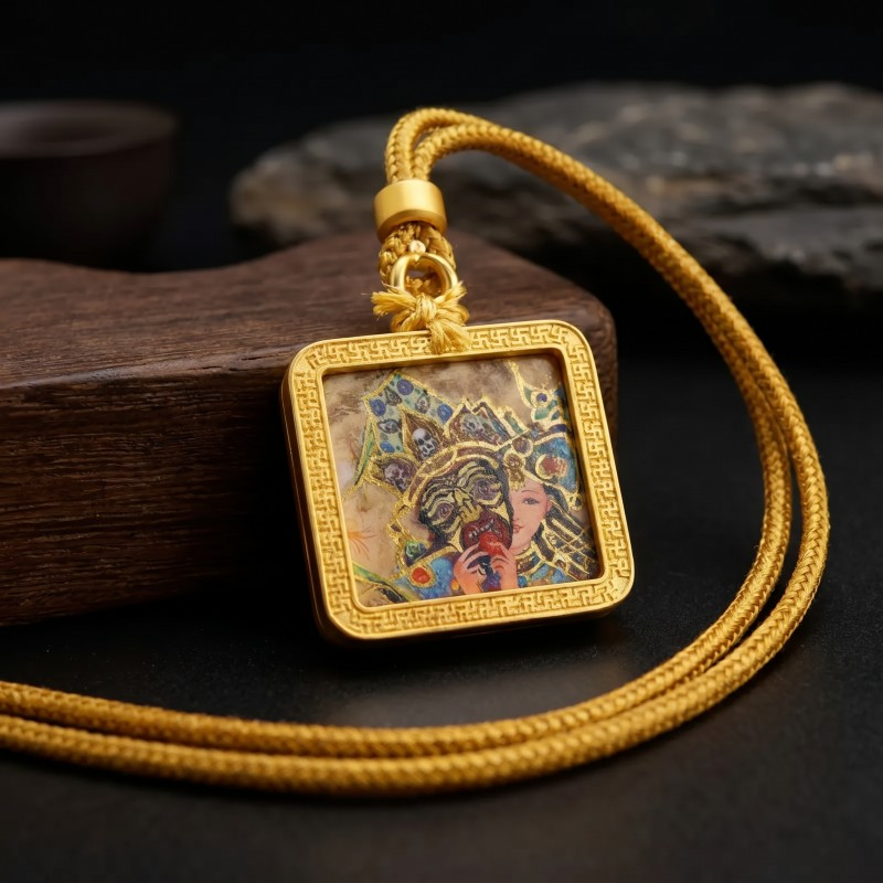 Zakiram Half-Face Art Style Hand-Painted Thangka Pendant | Tibetan Wealth & Protection Goddess Amulet image 2