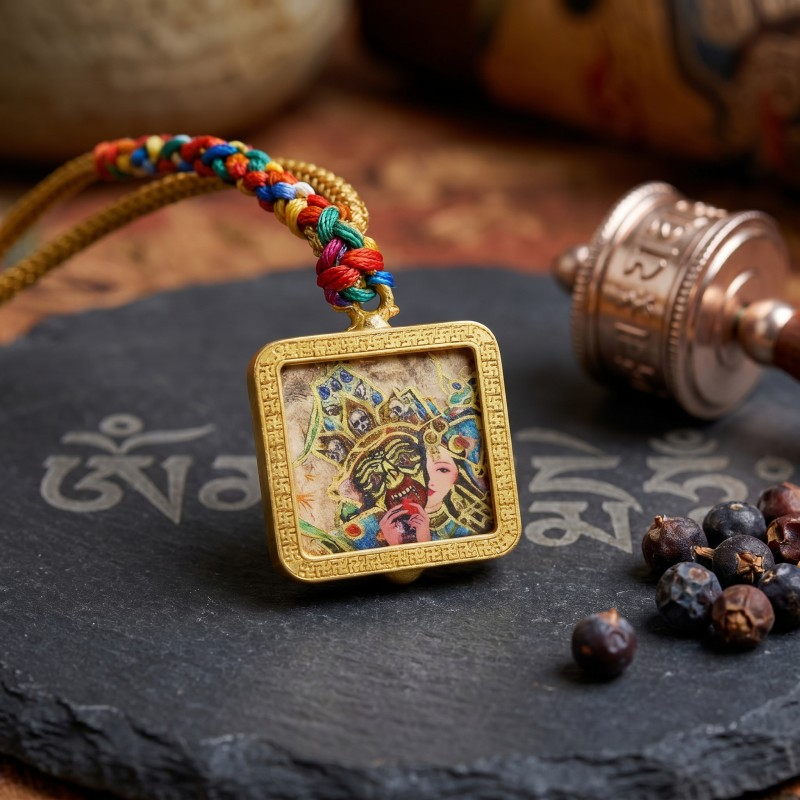 Zakiram Half-Face Art Style Hand-Painted Thangka Pendant | Tibetan Wealth & Protection Goddess Amulet image 3