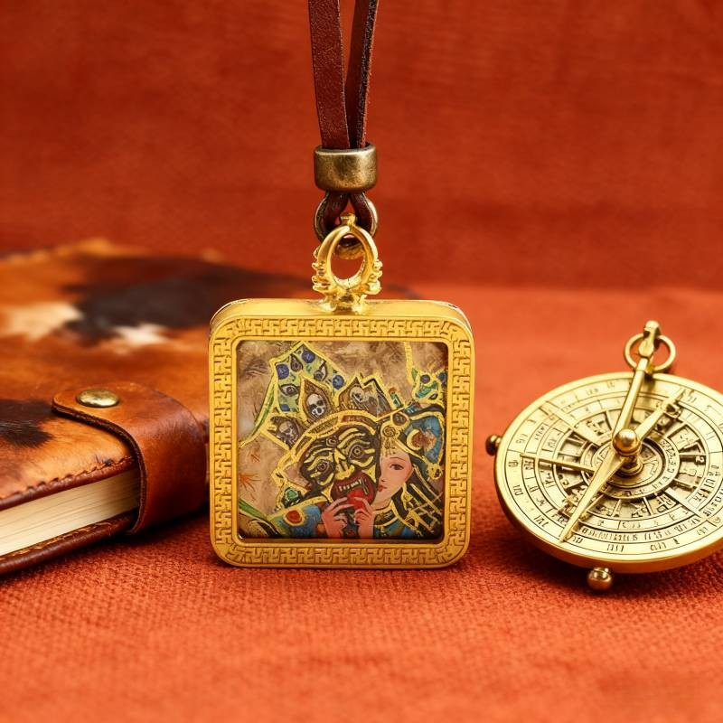 Zakiram Half-Face Art Style Hand-Painted Thangka Pendant | Tibetan Wealth & Protection Goddess Amulet image 4