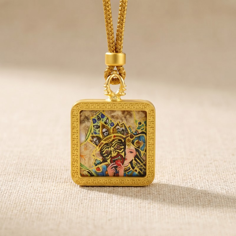 Zakiram Half-Face Art Style Hand-Painted Thangka Pendant | Tibetan Wealth & Protection Goddess Amulet image 5