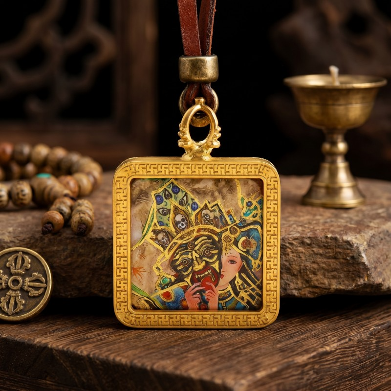 Zakiram Half-Face Art Style Hand-Painted Thangka Pendant | Tibetan Wealth & Protection Goddess Amulet image 6