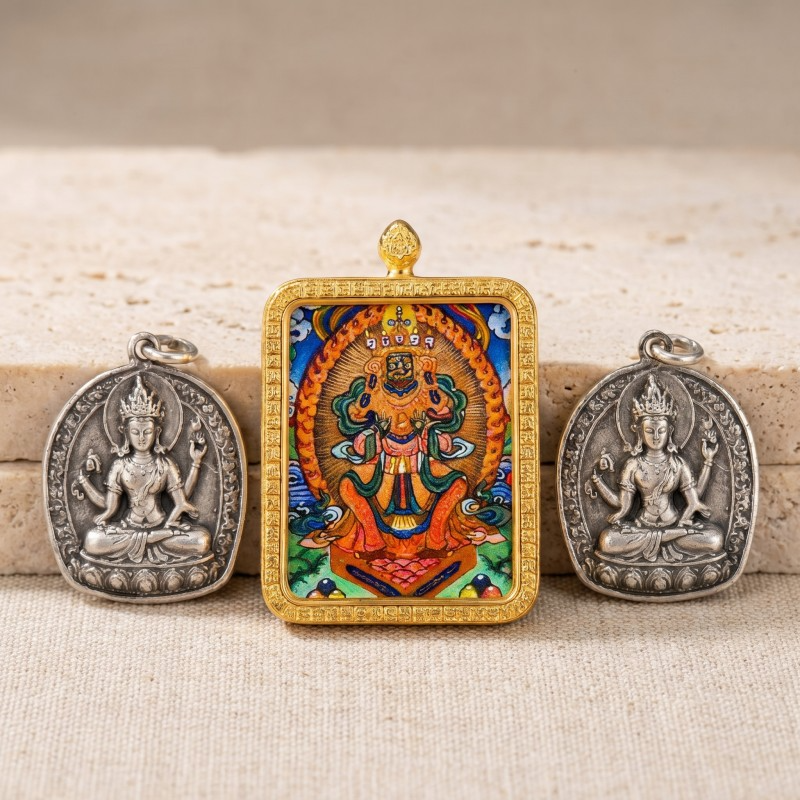 Zakiram Hand-Painted Thangka Pendant | Amulet of Prosperity, Protection & Blessings