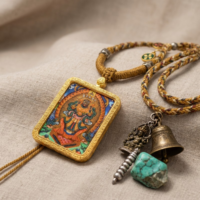 Zakiram Hand-Painted Thangka Pendant | Amulet of Prosperity, Protection & Blessings image 4