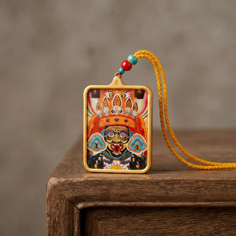 Zakiram Hand-Painted Thangka Pendant | Amulet of Prosperity, Protection & Blessings