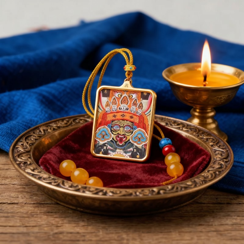 Zakiram Hand-Painted Thangka Pendant | Amulet of Prosperity, Protection & Blessings image 2
