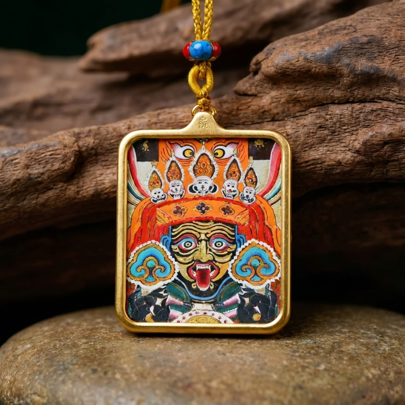 Zakiram Hand-Painted Thangka Pendant | Amulet of Prosperity, Protection & Blessings image 5