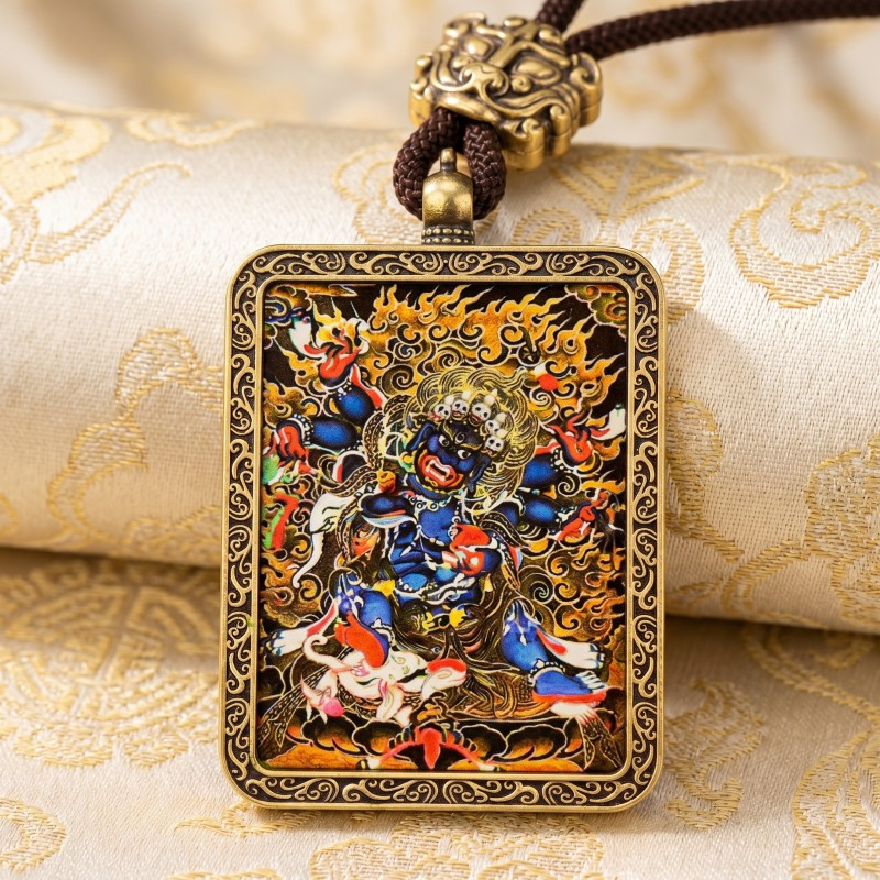Zakiram Hand-Painted Thangka Pendant | Tibetan Goddess of Wealth & Good Fortune Amulet