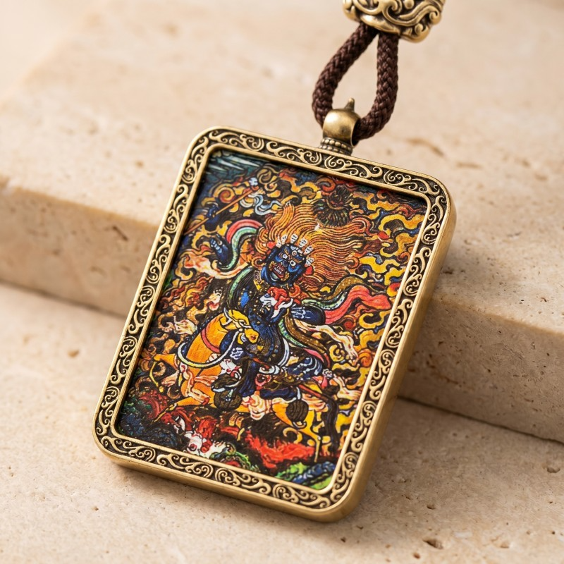 Zakiram Hand-Painted Thangka Pendant | Tibetan Goddess of Wealth & Good Fortune Amulet image 2