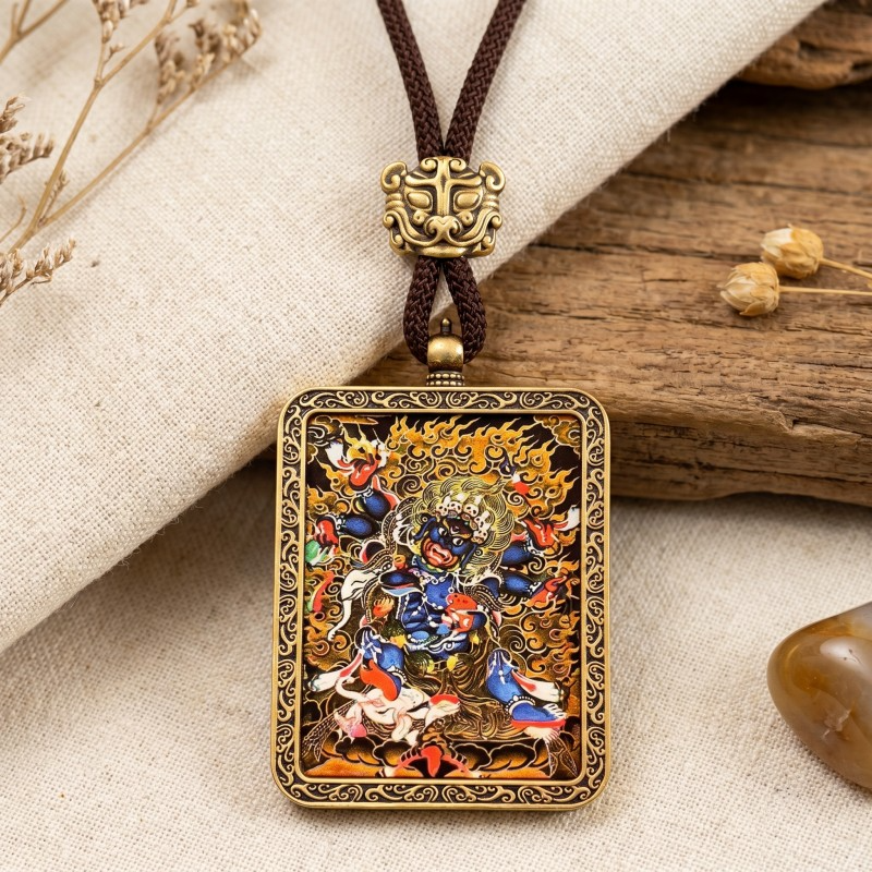 Zakiram Hand-Painted Thangka Pendant | Tibetan Goddess of Wealth & Good Fortune Amulet image 3