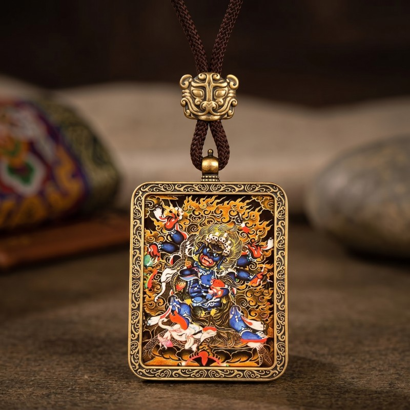 Zakiram Hand-Painted Thangka Pendant | Tibetan Goddess of Wealth & Good Fortune Amulet image 6