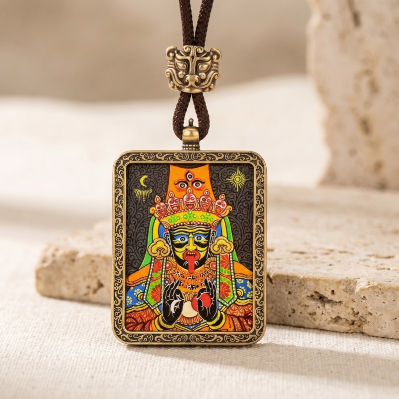 Zakiram Hand-Painted Thangka Pendant | Tibetan Goddess of Wealth & Protection Amulet