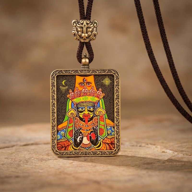 Zakiram Hand-Painted Thangka Pendant | Tibetan Goddess of Wealth & Protection Amulet image 2