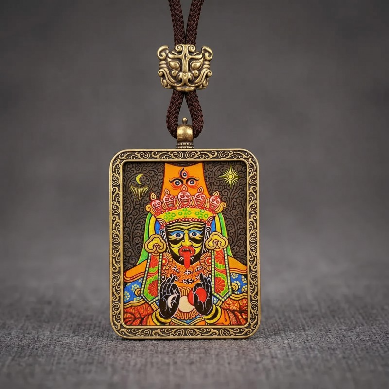 Zakiram Hand-Painted Thangka Pendant | Tibetan Goddess of Wealth & Protection Amulet image 3