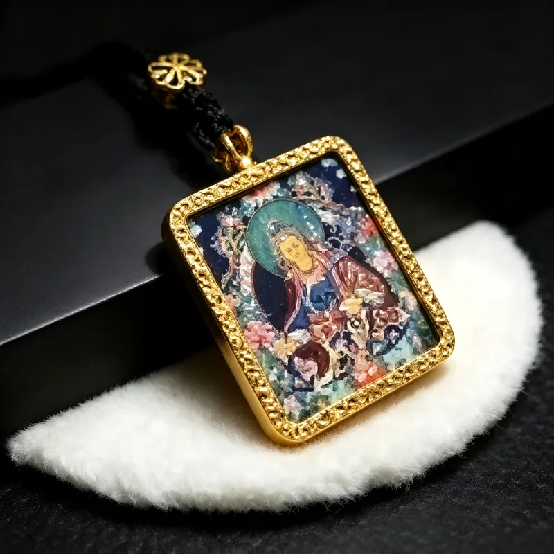 Zakiram (Zambala) Hand-Painted Thangka Pendant | Tibetan Wealth & Protection Goddess Amulet image 2