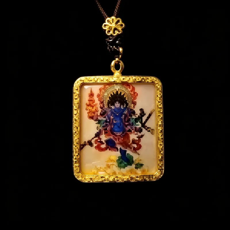 Zakiram (Zashi Lhamo) Hand-Painted Thangka Pendant | Tibetan Wealth Goddess Amulet for Prosperity & Luck image 3