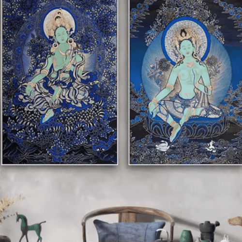 Click to view full screen Thangka Decorative Painting Green Tara Tibetan Style Tibetan Guanyin Sakyamuni Buddha Manjushri Bodhisattva Portrait Foyer Hanging Painting photo review