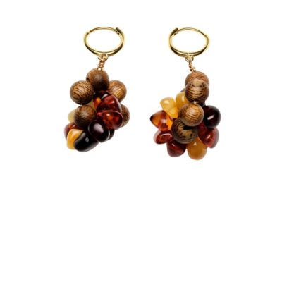 Agarwood Earrings, Beeswax Blood Amber Tiger's Eye Stone Gold Filled Earrings