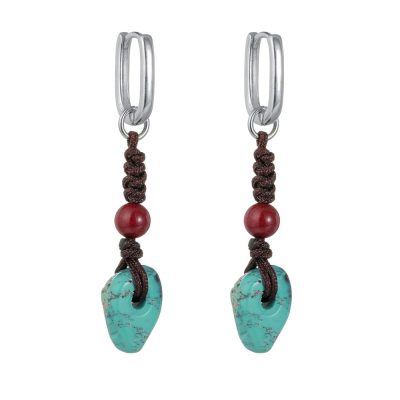 Silver Raw Turquoise Eardrops Retro Cinnabar Earrings