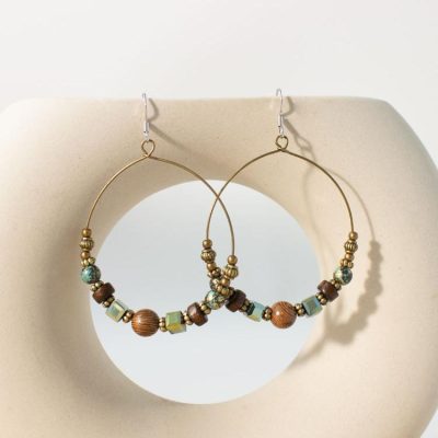 Vintage Wooden Bead Spliced Large Circle Earrings