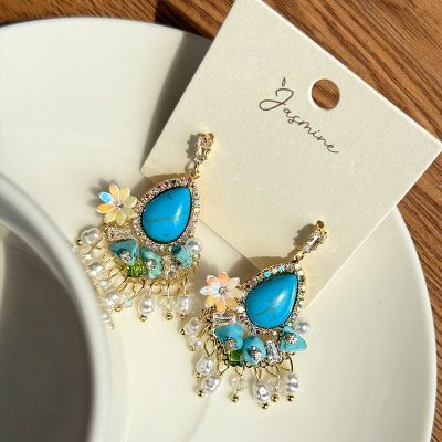 Gilded Turquoise Floral Fringe Earrings