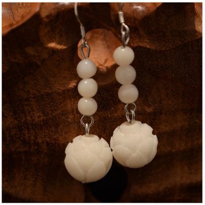 White Bodhi Seed Carved Lotus Earrings
