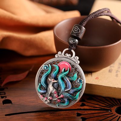 Vintage Cloisonné Enamel Nine-Tailed Fox Wushi Plaque Pendant