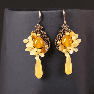 Ancient Style Agate Yellow Flower Earrings Elegant Earrings