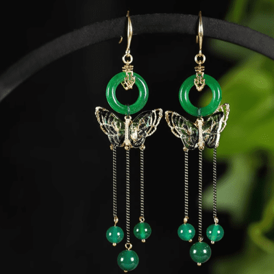 Ancient Style Green Butterfly Jade Earrings