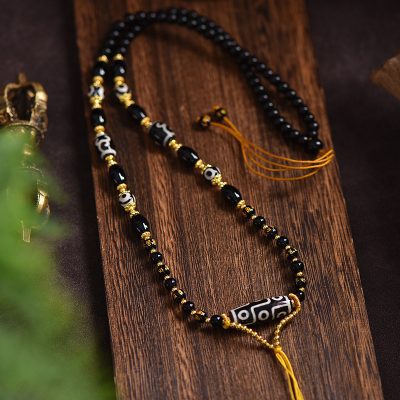 Tibetan Natural Black Agate Dzi Necklace