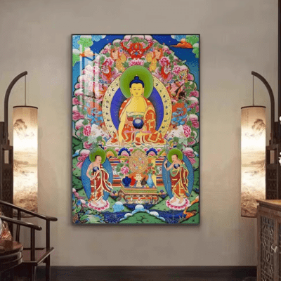 Yellow Jambhala Tibetan Style Buddha Thangka Framed Decorative Mural Hanging Painting Zen Room Tea House Foyer Club Living Room Study