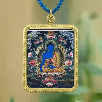 Tibetan-style Hand-painted Medicine Buddha Thangka Pendant (Gold-traced) Necklace