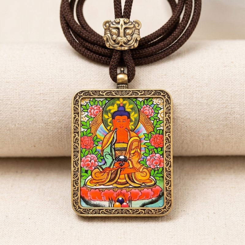 Amitabha Buddha Hand-Painted Thangka Pendant Traditional Tibetan Buddha Charm for Peace and Longevity with Linen and Wood
