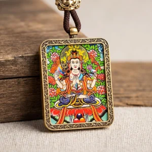 Four-Armed Avalokiteshvara Hand-Painted Thangka Pendant | Bodhisattva of Compassion & Protection Amulet