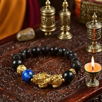 Bracelet | Wealth, Power | Feng Shui-Inspired | Gold Sheen Obsidian, Brass Pixiu | Luxurious - 10mm