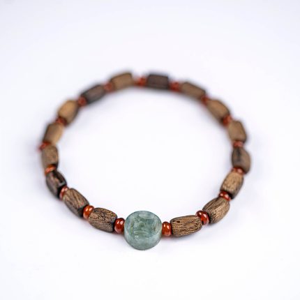 Agarwood, Jade, and Copper Coin Bracelet for Wealth and Health