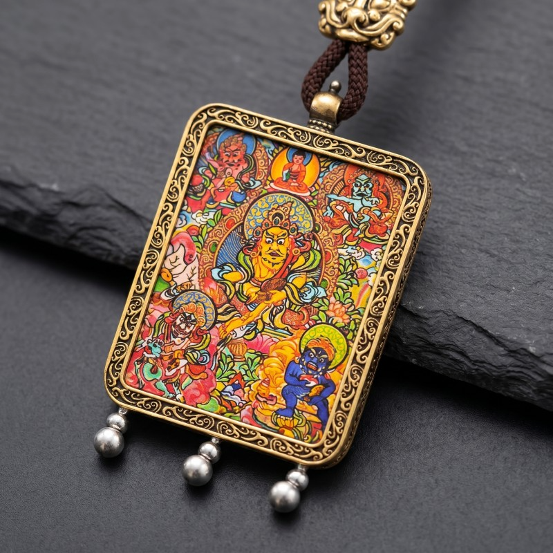 Five Jambhalas Hand-Painted Thangka Pendant Traditional Tibetan Wealth Deity Charm for Financial Blessings