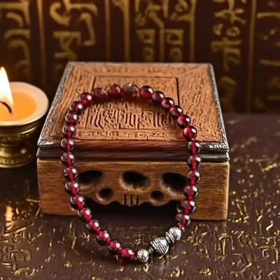 Aurazenlife | Bracelet | Protection, Blessings | Buddhist-Inspired | Dark Red Glass Beads, Shell Pearls | Six-Syllable Mantra
