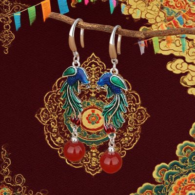 Cloisonne Enamel Tassel Red Agate Phoenix Earrings