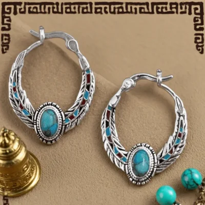Vintage Ethnic Style Feather Enamel Turquoise Ear Hoops