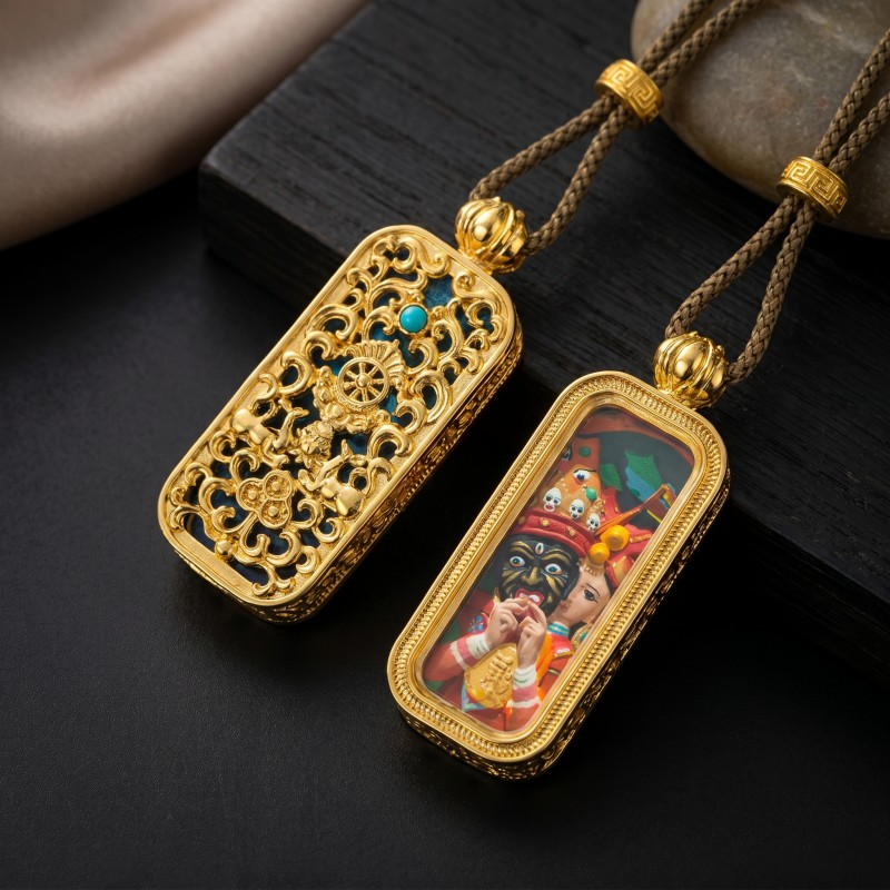 3D Zakiram Ghau Pendant Traditional Tibetan Wealth Goddess Charm with Two-Sided Gold Case