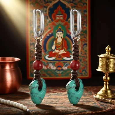 Silver Raw Turquoise Eardrops Retro Cinnabar Earrings